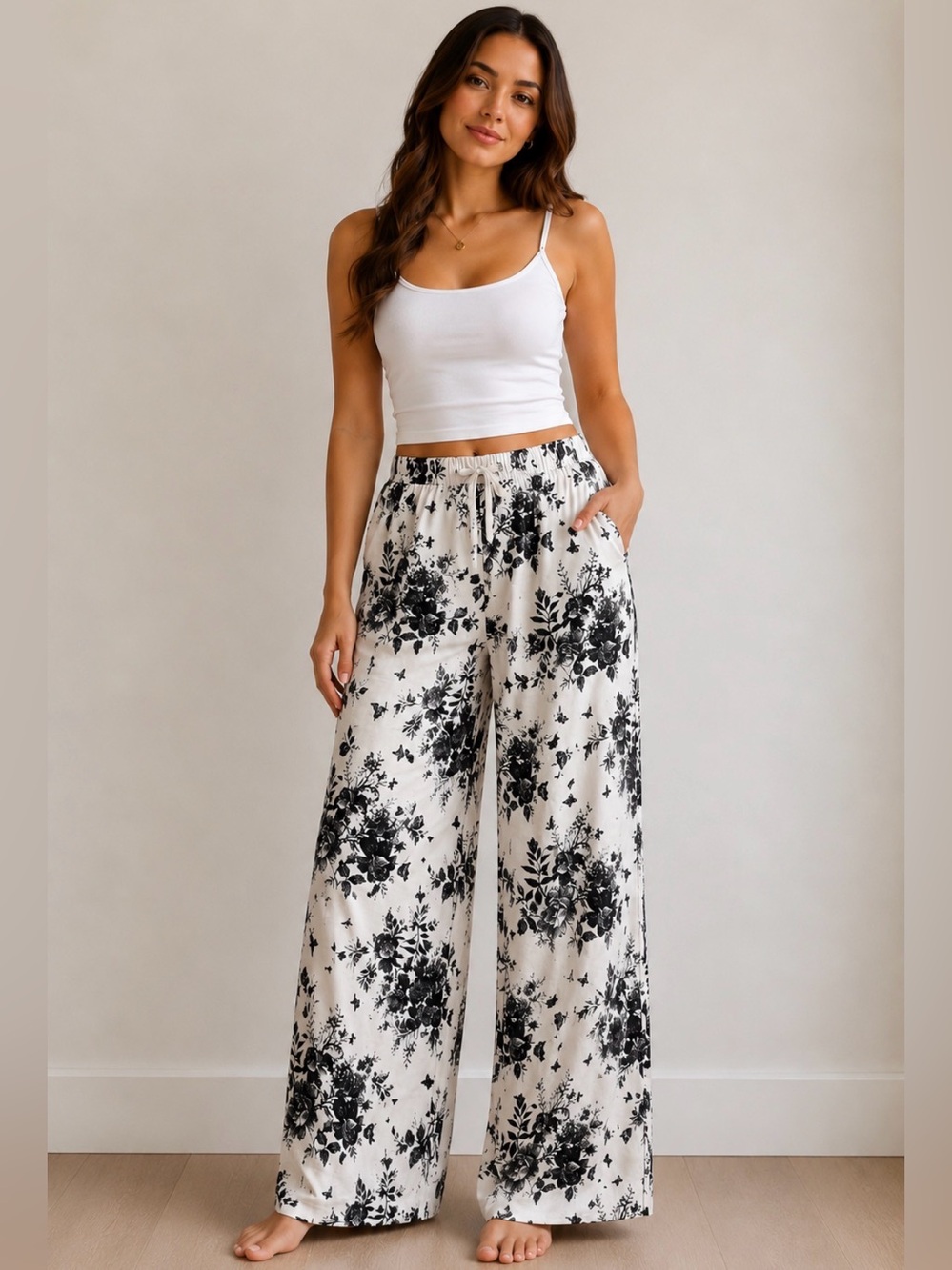 Victoria’s Secret Satin Floral Pajama Pants M Black Ivory Wide Leg Lightweight